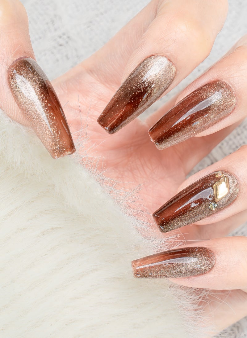 Nailosophy 10 Pcs Handmade Gel Press On Nails Long Coffin Chocolate Brown Ombre Design Gold Glitter Crystal Decor Reusable False Nails Nail Kit for Women Daily Wear Party Wedding Eid - Image 2