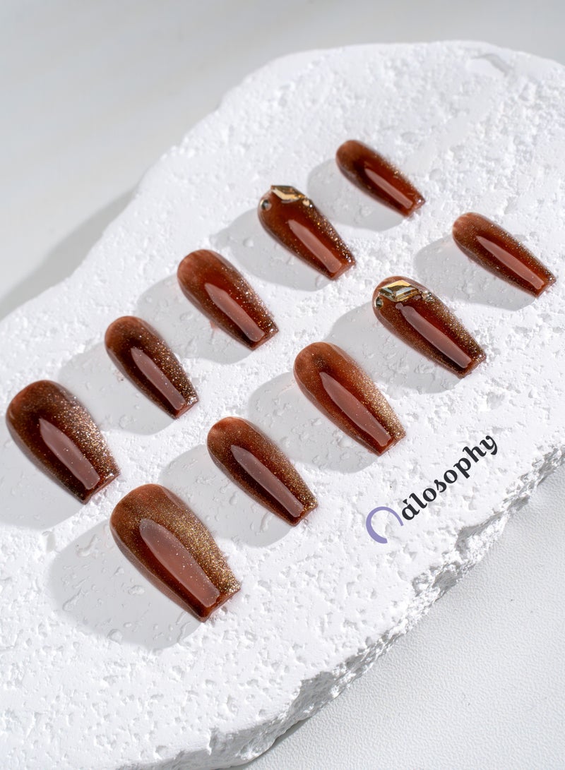 Nailosophy 10 Pcs Handmade Gel Press On Nails Long Coffin Chocolate Brown Ombre Design Gold Glitter Crystal Decor Reusable False Nails Nail Kit for Women Daily Wear Party Wedding Eid - Image 3