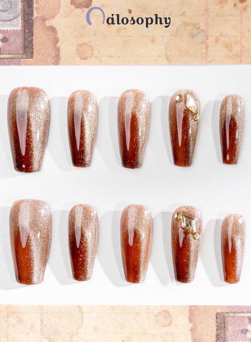 Nailosophy 10 Pcs Handmade Gel Press On Nails Long Coffin Chocolate Brown Ombre Design Gold Glitter Crystal Decor Reusable False Nails Nail Kit for Women Daily Wear Party Wedding Eid - Image 4