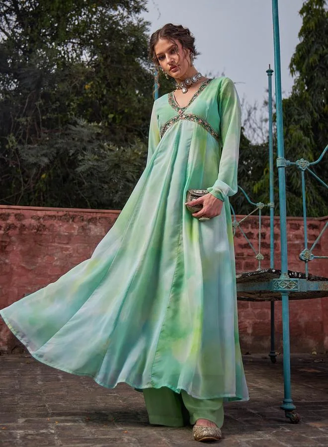 SASSAFRAS SASSAFRAS Lime Green Tie-Dye V-Neck Anarkali Kurta