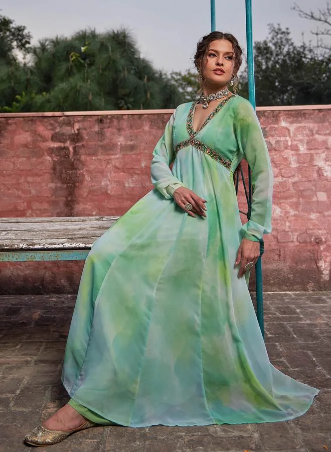SASSAFRAS SASSAFRAS Lime Green Tie-Dye V-Neck Anarkali Kurta