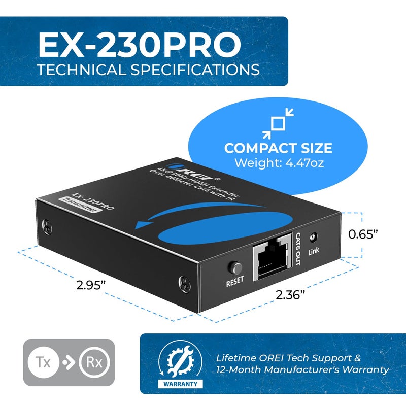 OREI HDMI Over Ethernet Extender Over Single CAT6/7 Ethernet Cable 4K@30Hz Up to 130 ft & 1080p Up to 230 ft (EX-230PRO) - Image 5