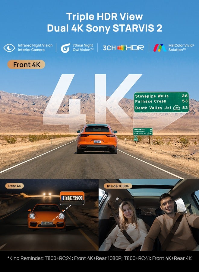 كاميرا داش 70mai 4K T800-41 ثلاثية القنوات، كاميرا سيارة مع تسجيل أمامي وخلفي داخلي (2160P+2160P+1080P)، STARVIS 2 IMX678، رؤية ليلية HDR، واي فاي 6، 4G LTE، ADAS، وضع وقوف السيارات 24 ساعة، مكثف فائق مع بطاقة 512GB مجانية - view 2