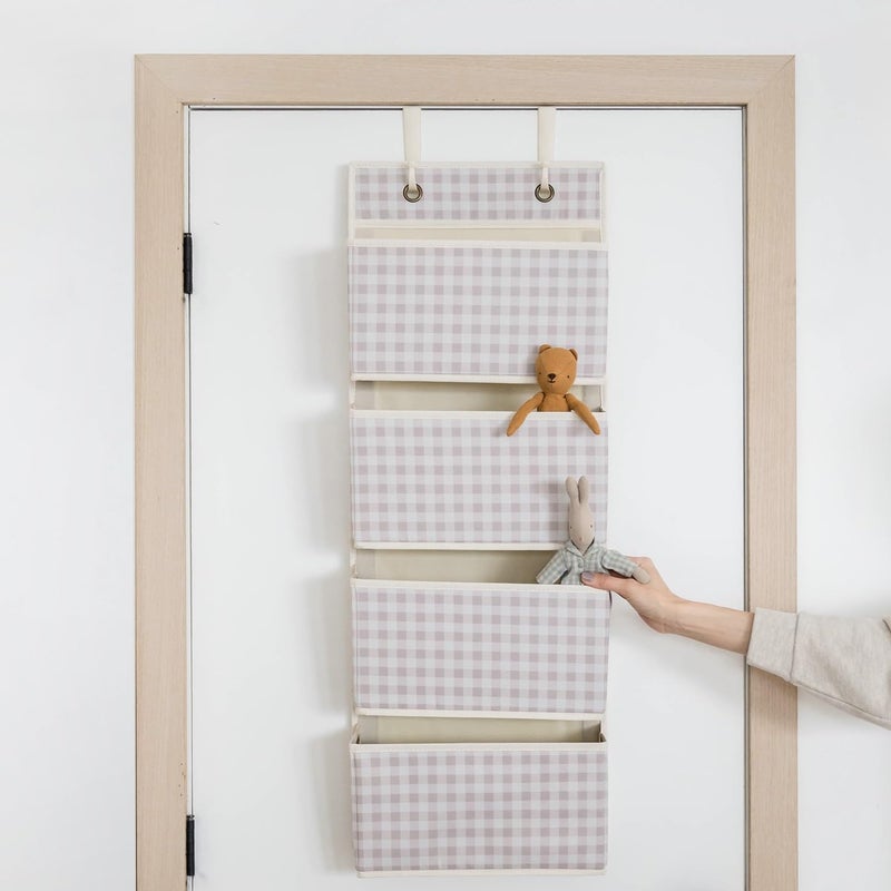 3 Sprouts Over the Door Organizer -Hanging Baby Organizers & Storage with 4 Large Pockets & 2 Hooks for Baby Clothes, Toy, Stuffed Animal -Newborn Essential for Nursery & Toddler Rooms - Gingham Beige - Image 4