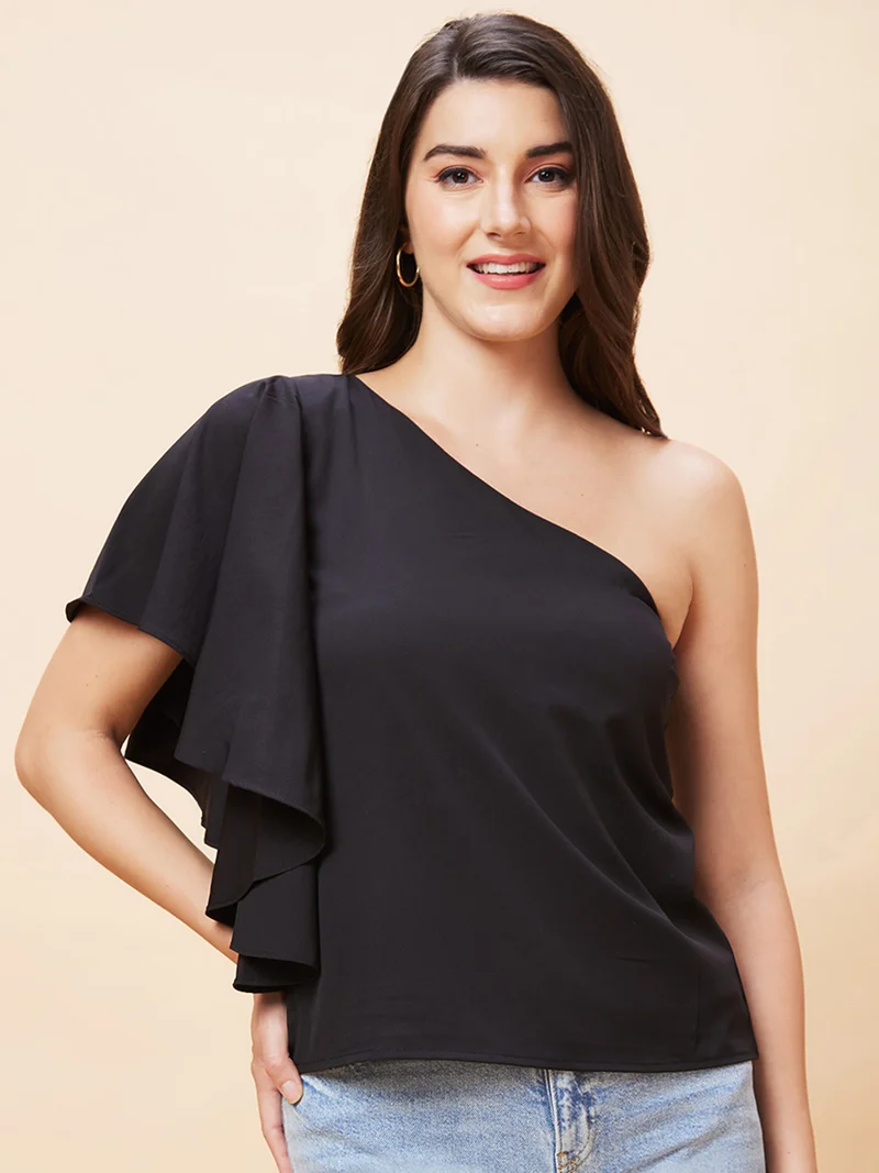 globus Women Black One Shoulder Flared Sleeves Top