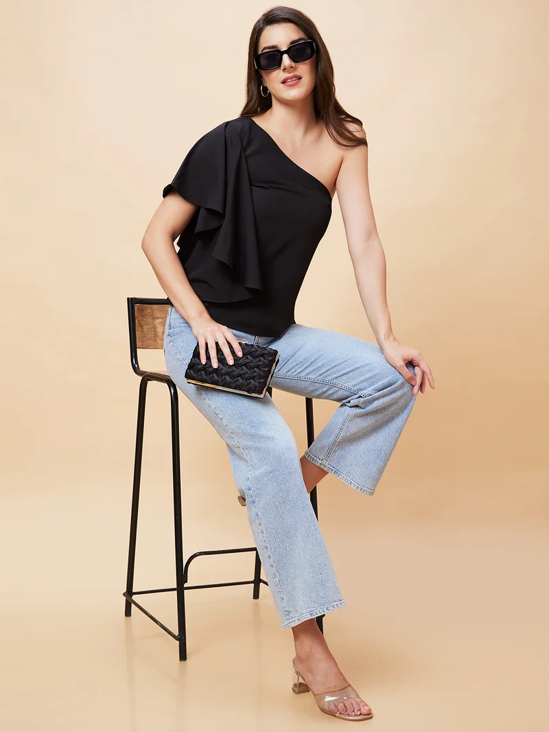 globus Women Black One Shoulder Flared Sleeves Top