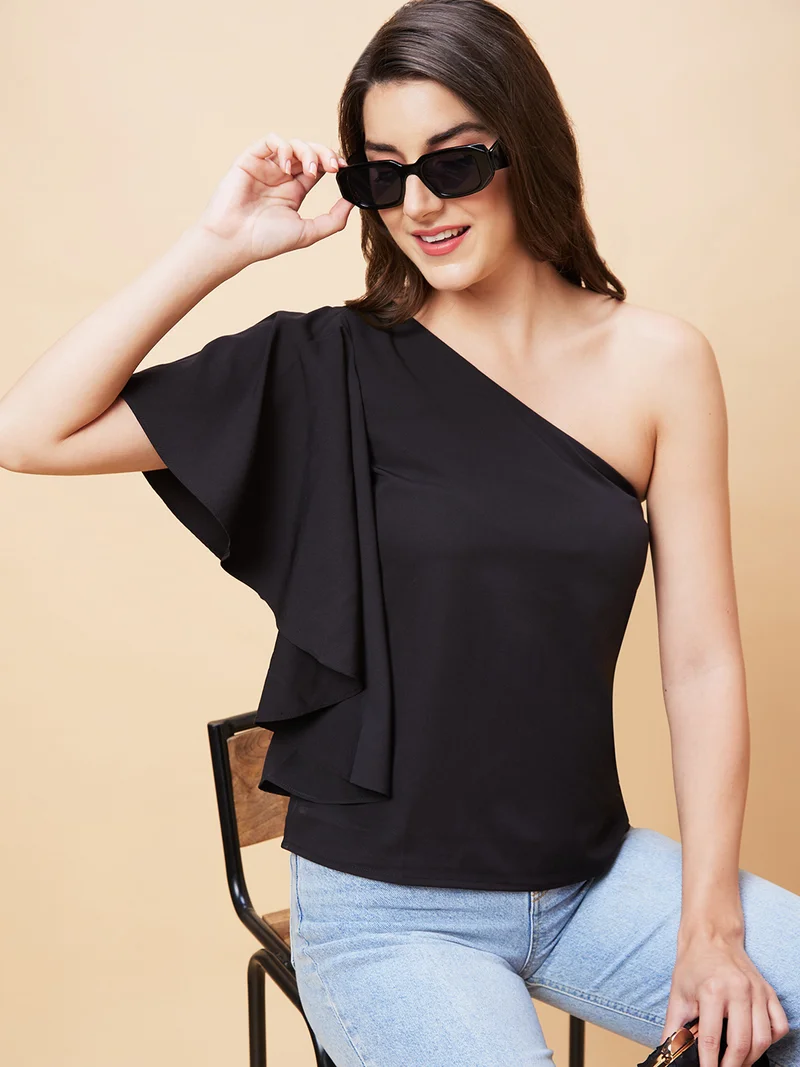 globus Women Black One Shoulder Flared Sleeves Top