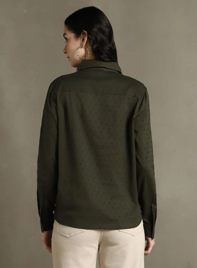 Dennis Lingo Women's Olive 100% Cotton Solid Textured Regular Fit Shirt