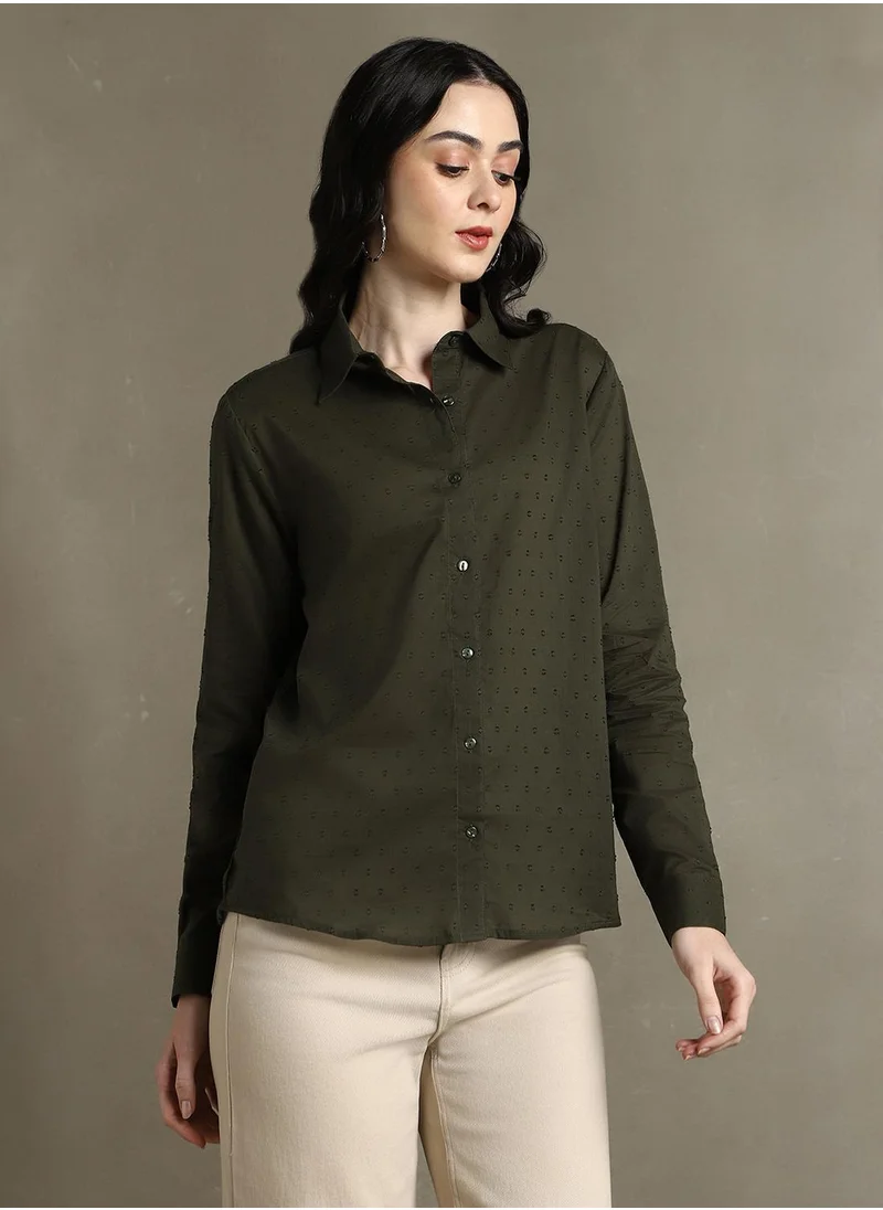 Dennis Lingo Women's Olive 100% Cotton Solid Textured Regular Fit Shirt