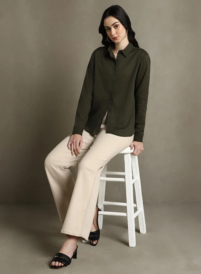 Dennis Lingo Women's Olive 100% Cotton Solid Textured Regular Fit Shirt