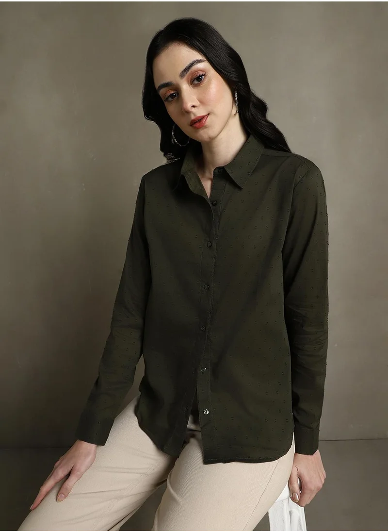 Dennis Lingo Women's Olive 100% Cotton Solid Textured Regular Fit Shirt