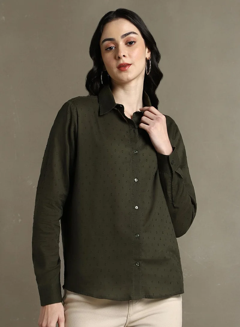 Dennis Lingo Women's Olive 100% Cotton Solid Textured Regular Fit Shirt