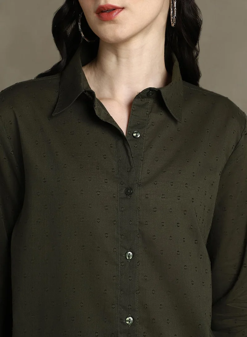 Dennis Lingo Women's Olive 100% Cotton Solid Textured Regular Fit Shirt