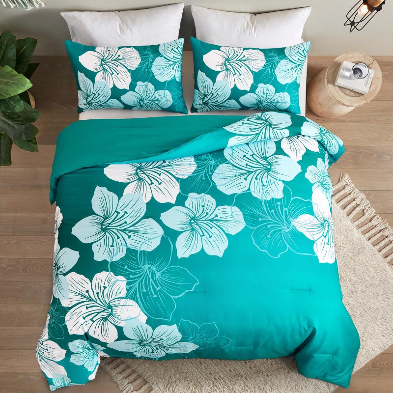 Menghomeus King Comforter Set Gradient Teal Bedding Floral Comforter Sets - Soft Microfiber Bed Comforter Set for All Season, 3 Piece Botanical Flowers Comforter, Pillowcases - Image 3