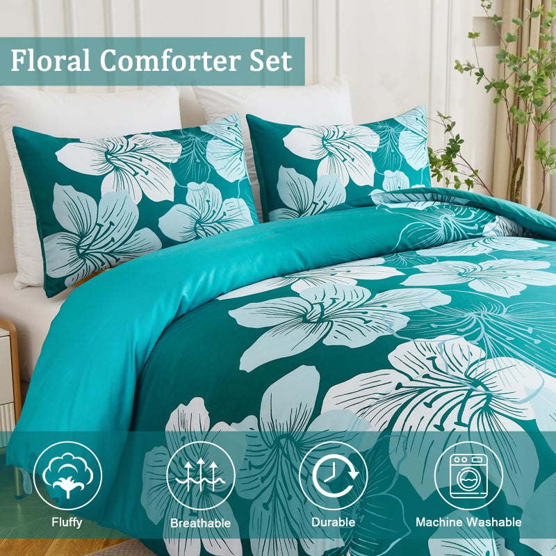 Menghomeus King Comforter Set Gradient Teal Bedding Floral Comforter Sets - Soft Microfiber Bed Comforter Set for All Season, 3 Piece Botanical Flowers Comforter, Pillowcases - Image 4