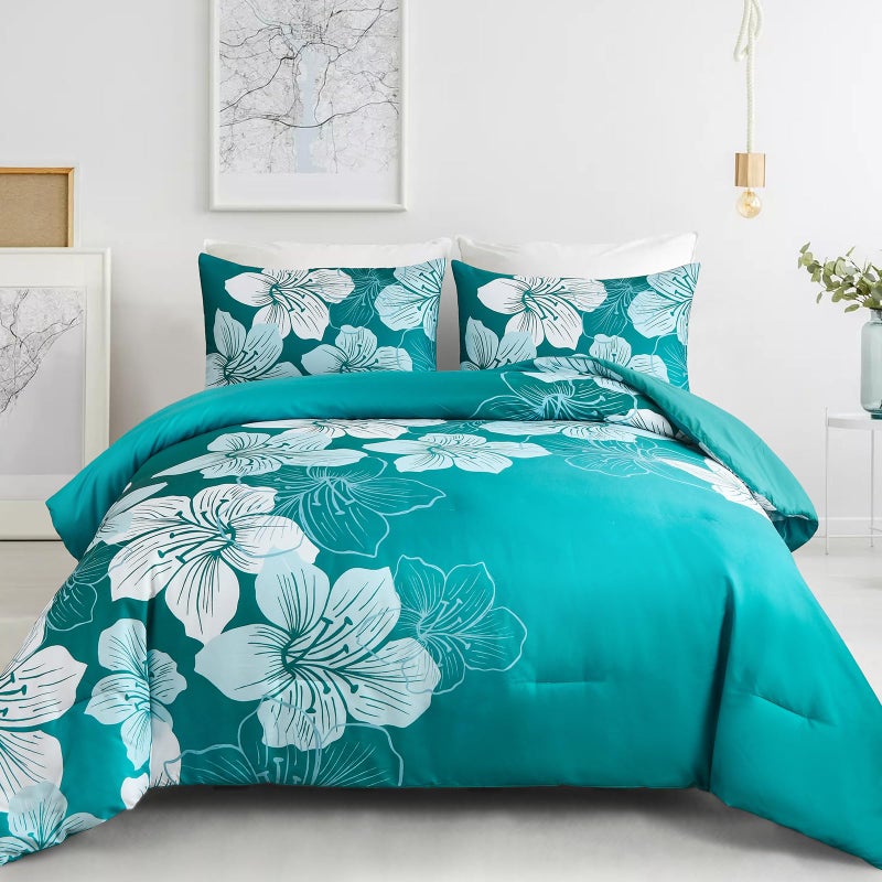 Menghomeus King Comforter Set Gradient Teal Bedding Floral Comforter Sets - Soft Microfiber Bed Comforter Set for All Season, 3 Piece Botanical Flowers Comforter, Pillowcases - Image 1