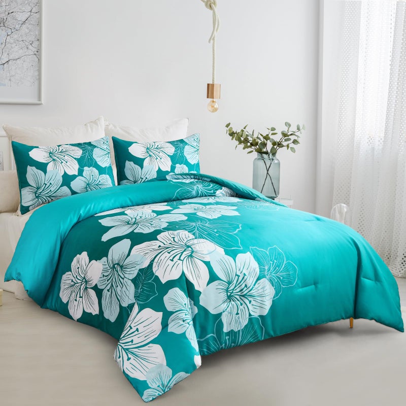 Menghomeus King Comforter Set Gradient Teal Bedding Floral Comforter Sets - Soft Microfiber Bed Comforter Set for All Season, 3 Piece Botanical Flowers Comforter, Pillowcases - Image 2