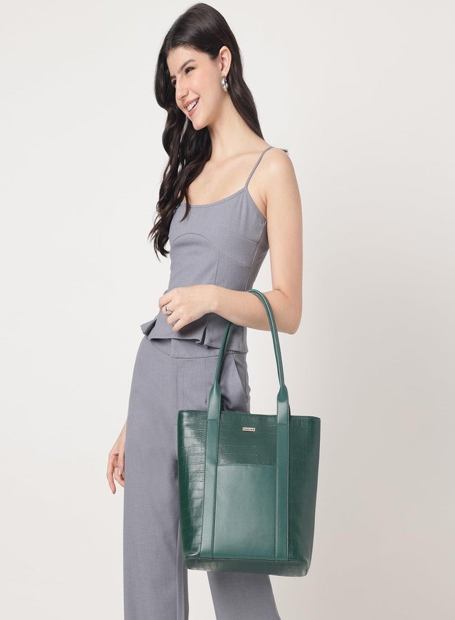 Fastrack Croco Crush Tote | green faux-leather Women's Handbag | Textured Croco Design with Gold Hardware | Double Handles, Zipper Closure & Organised Storage - Image 3