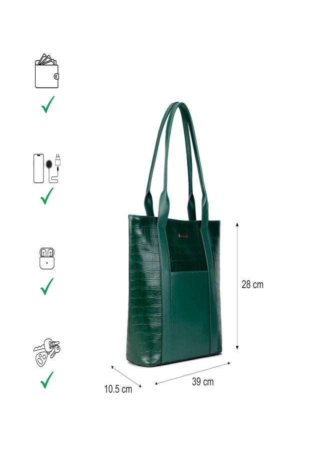 Fastrack Croco Crush Tote | green faux-leather Women's Handbag | Textured Croco Design with Gold Hardware | Double Handles, Zipper Closure & Organised Storage - Image 5