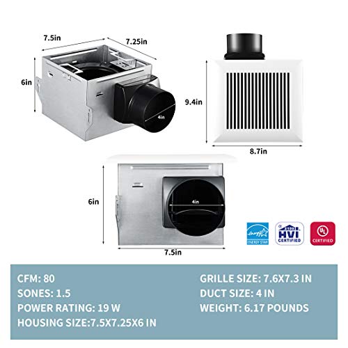 Tech Drive مروحة تهوية وحمام هادئة جداً 80 CFM، 1.5 سون، لا حاجة للوصول إلى العلية، تركيب سهل مع مستشعر الرطوبة - Image 2