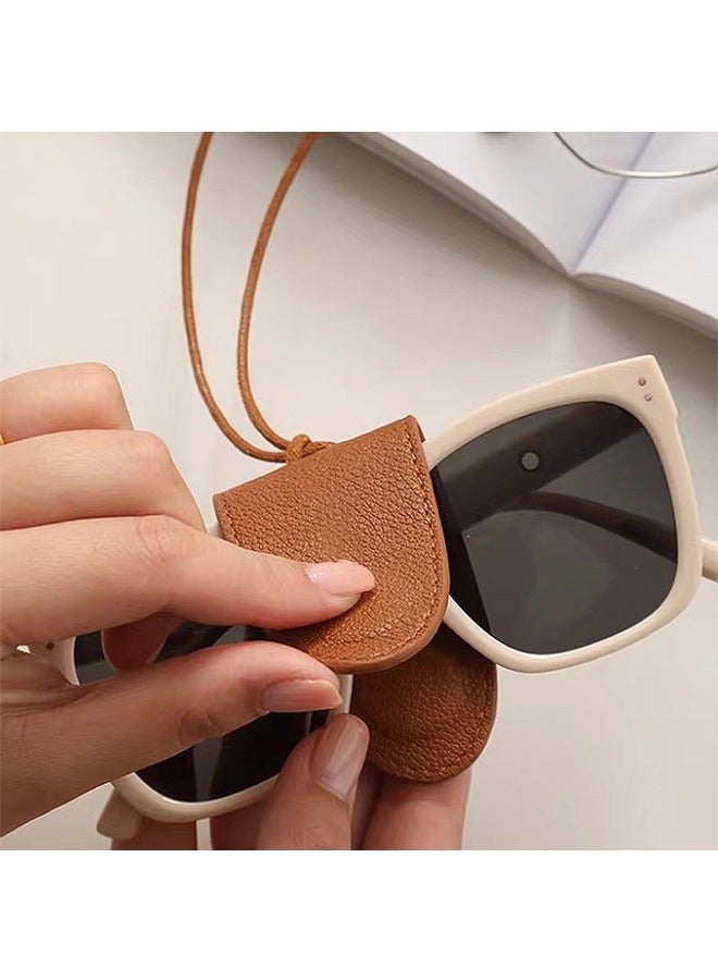 حقيبة نظارات شمسية من الجلد الناعم، حافظة نظارات جلدية مع مشبك زر وحزام معصم، حقيبة نظارات شمسية (بني) - Image 5