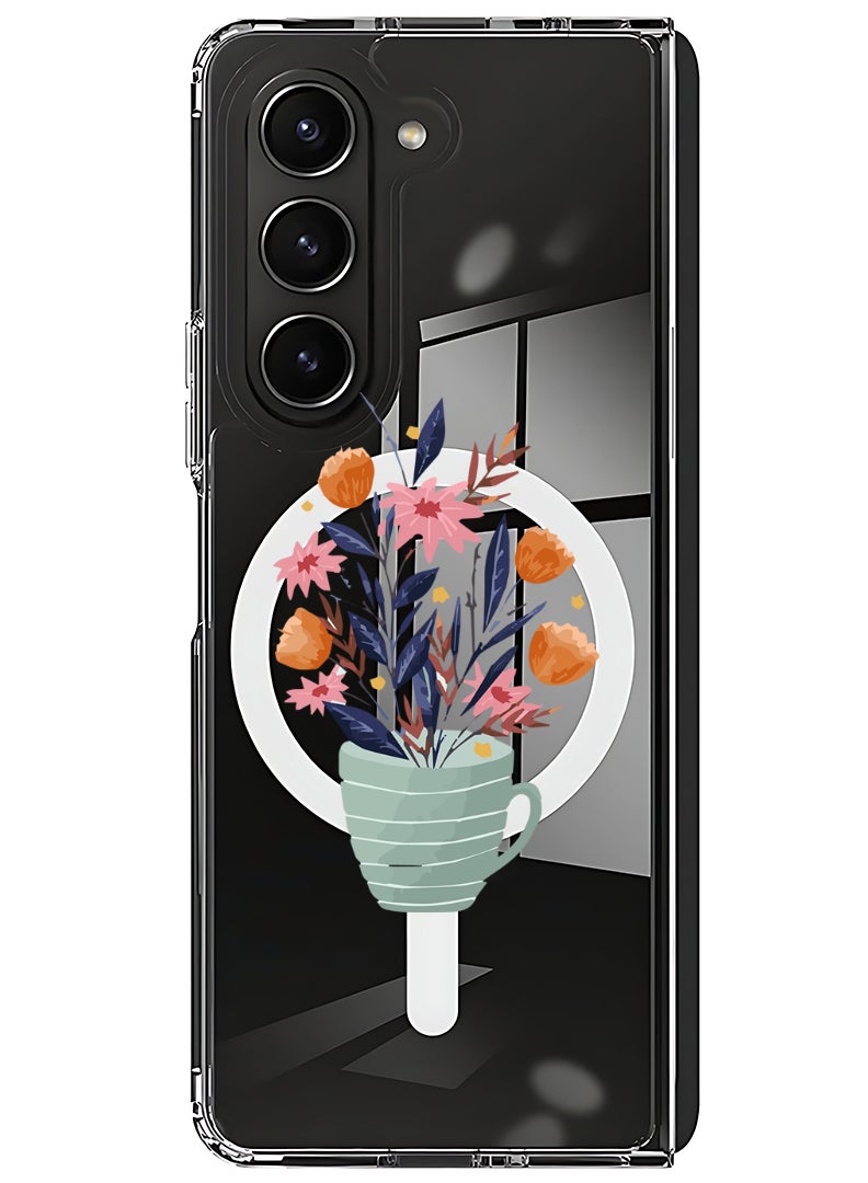 Theodor Magnetic Case for Samsung Galaxy Z Fold 5 Compatible with MagSafe Wireless Charging, Shockproof Phone Bumper Cover Cup of Flower - Image 1