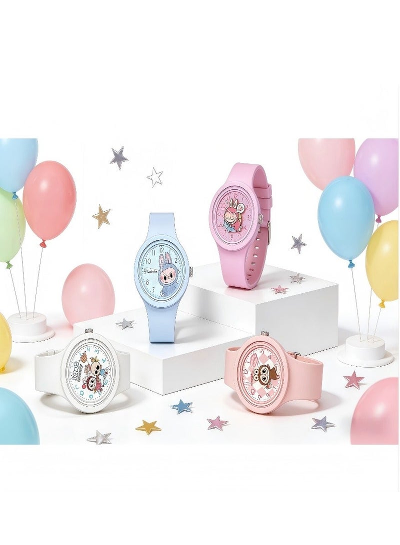LABUBU 4PCS New Children's Gift Round Cute Labubu Cartoon Watch Skin friendly Silicone Watch - Image 3