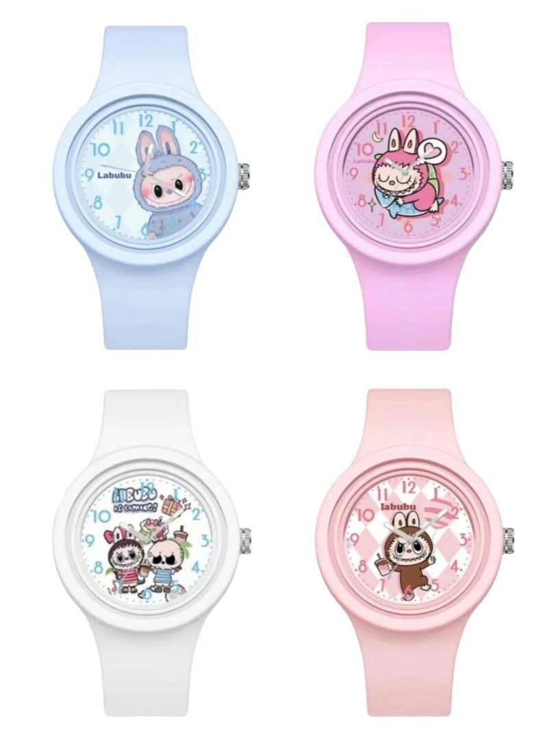 LABUBU 4PCS New Children's Gift Round Cute Labubu Cartoon Watch Skin friendly Silicone Watch - Image 2