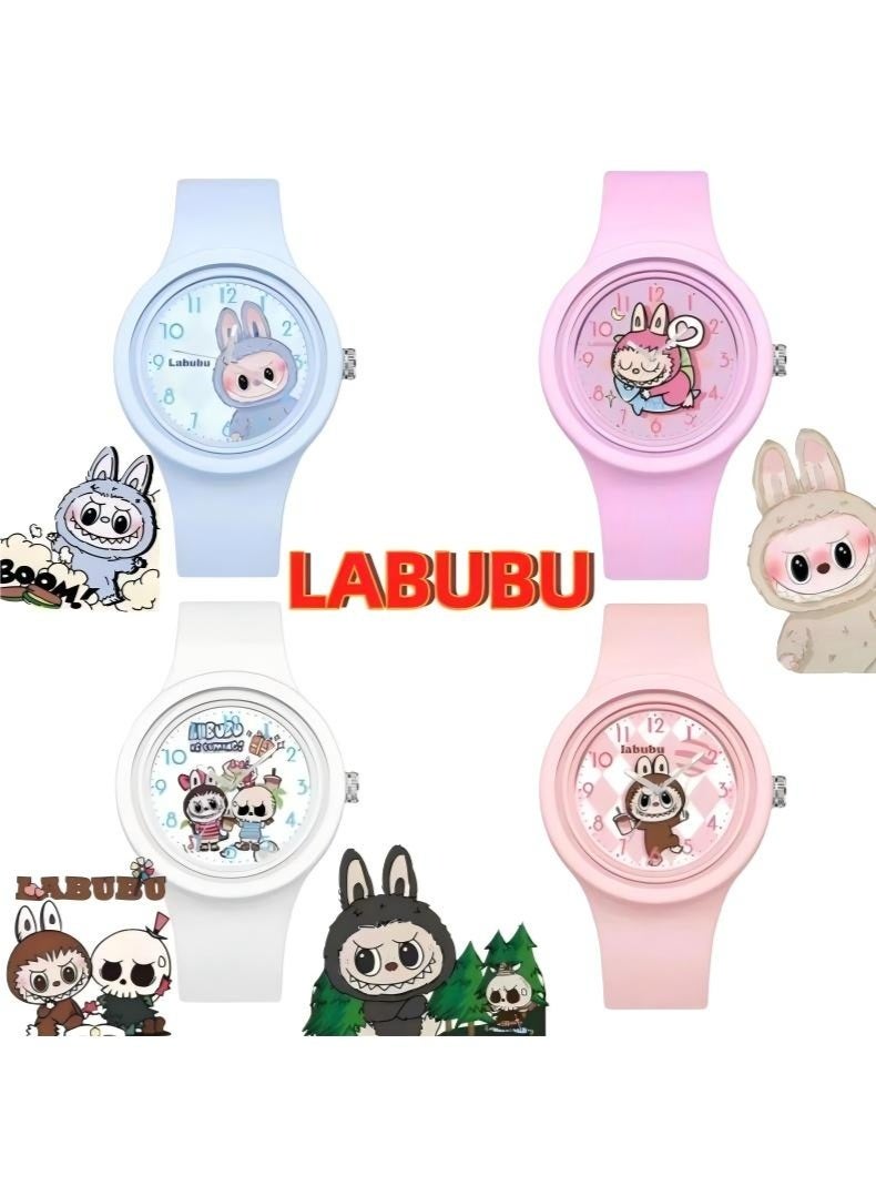 LABUBU 4PCS New Children's Gift Round Cute Labubu Cartoon Watch Skin friendly Silicone Watch - Image 1