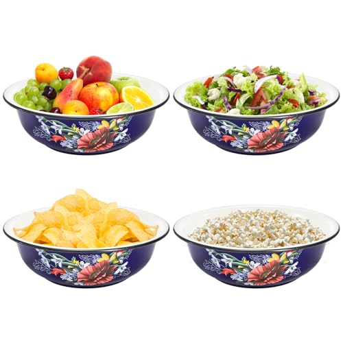 Lawei Set of 2 Enamel Bowl, 4 Quart Large Enamel Salad Serving Mixing Bowl with Black Rim, Vintage Enamelware Plate Dish for Fruit Salad Pasta Soup Dinner, Round Dough Making Bowl Washing Basin, 12in - Image 4