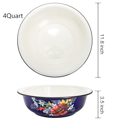 Lawei Set of 2 Enamel Bowl, 4 Quart Large Enamel Salad Serving Mixing Bowl with Black Rim, Vintage Enamelware Plate Dish for Fruit Salad Pasta Soup Dinner, Round Dough Making Bowl Washing Basin, 12in - Image 2