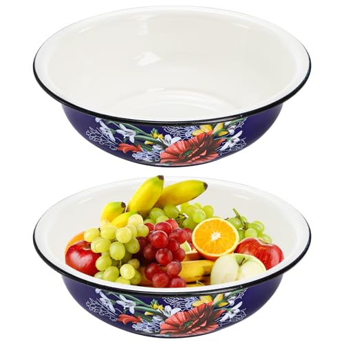 Lawei Set of 2 Enamel Bowl, 4 Quart Large Enamel Salad Serving Mixing Bowl with Black Rim, Vintage Enamelware Plate Dish for Fruit Salad Pasta Soup Dinner, Round Dough Making Bowl Washing Basin, 12in - Image 1