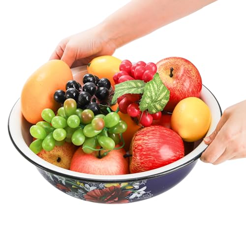 Lawei Set of 2 Enamel Bowl, 4 Quart Large Enamel Salad Serving Mixing Bowl with Black Rim, Vintage Enamelware Plate Dish for Fruit Salad Pasta Soup Dinner, Round Dough Making Bowl Washing Basin, 12in - Image 5