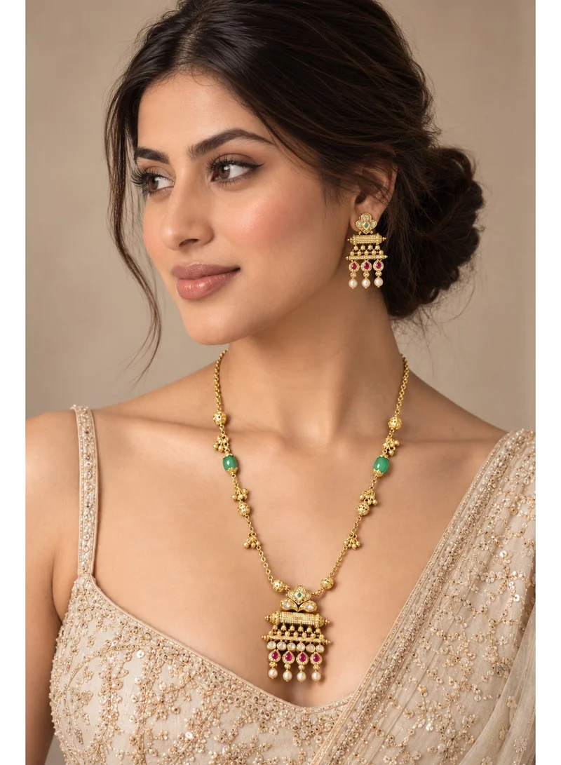 Lehar Long Temple Pendant Necklace Set with Earrings - Gold Tone Indian Jewelry