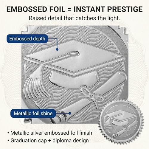 PaperDirect Graduation Silver Foil Certificate Seals, 2-Inch Embossed Diploma & Cap Stickers, Self-Adhesive, Serrated-Edge Silver Foil Award Seals, 100‑Pack, Diploma, Awards and Gift Bag - Image 2
