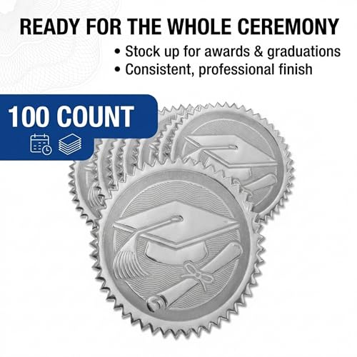 PaperDirect Graduation Silver Foil Certificate Seals, 2-Inch Embossed Diploma & Cap Stickers, Self-Adhesive, Serrated-Edge Silver Foil Award Seals, 100‑Pack, Diploma, Awards and Gift Bag - Image 3