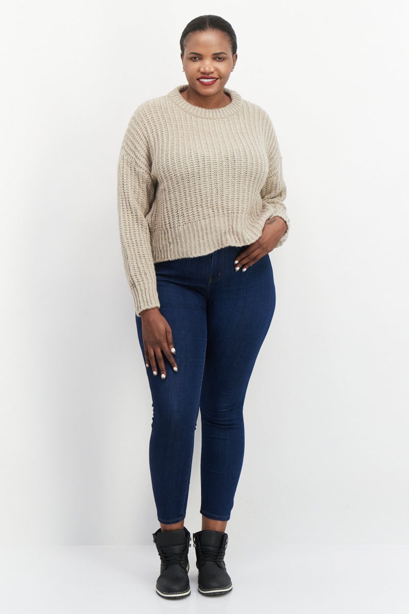 NA-KD Women Crew-Neck Crochet Sweater, Beige - Image 4