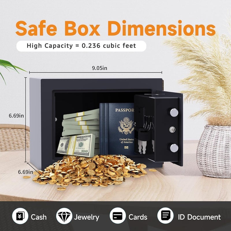 PATRON Small Safe Box for Money with Code and Keysï¼ŒSolid Mini Safe for Kids with Digital Electronic Security Keypad for Home Office Hotel,Personal Money Safes for Cash,0.236 Cuft (Black) - Image 3