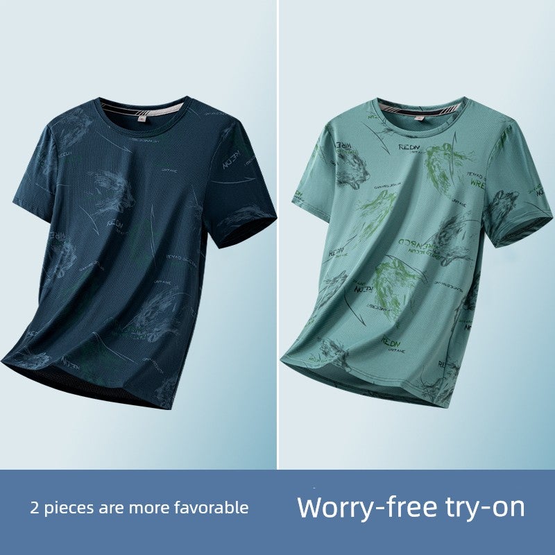 Ice silk short-sleeved T-shirt for men's summer thin trendy printed T-shirt, fashionable wrinkle-resistant ice-cold half-sleeved handsome top - Image 3