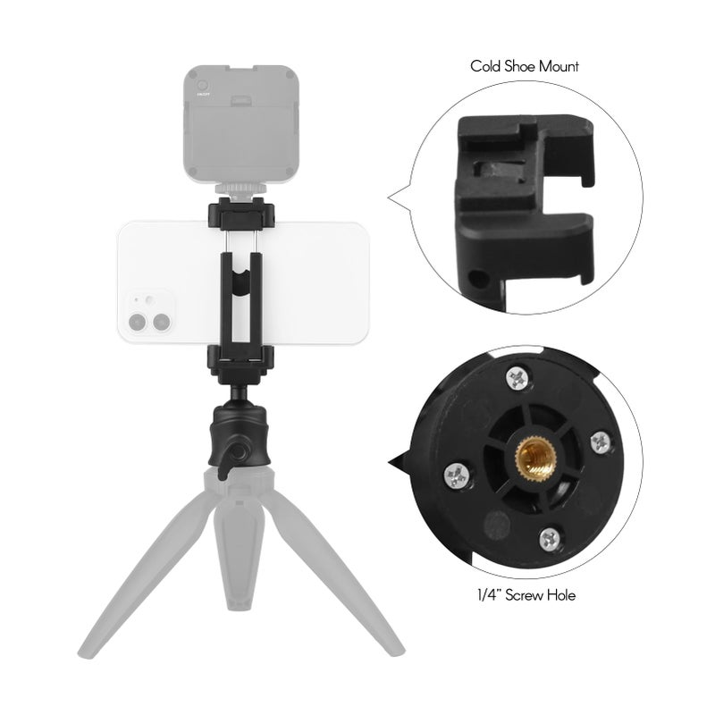Tripod Ballhead Mount Adapter 360° Rotatable Tripod Ball Head with 1/4 Inch Screw& Phone Holder 2-in-1 Platform Cold Shoe Mount 2kg Load Capacity for Smartphone Camera Vlog Selfie Live - Image 2