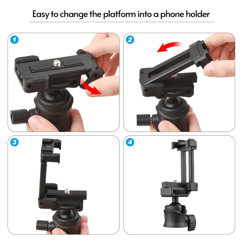 Tripod Ballhead Mount Adapter 360° Rotatable Tripod Ball Head with 1/4 Inch Screw& Phone Holder 2-in-1 Platform Cold Shoe Mount 2kg Load Capacity for Smartphone Camera Vlog Selfie Live - Image 3