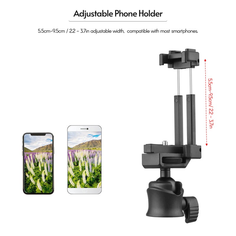 Tripod Ballhead Mount Adapter 360° Rotatable Tripod Ball Head with 1/4 Inch Screw& Phone Holder 2-in-1 Platform Cold Shoe Mount 2kg Load Capacity for Smartphone Camera Vlog Selfie Live - Image 5