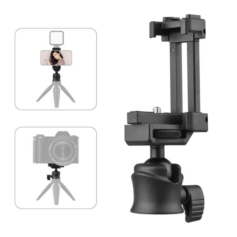 Tripod Ballhead Mount Adapter 360° Rotatable Tripod Ball Head with 1/4 Inch Screw& Phone Holder 2-in-1 Platform Cold Shoe Mount 2kg Load Capacity for Smartphone Camera Vlog Selfie Live - Image 1