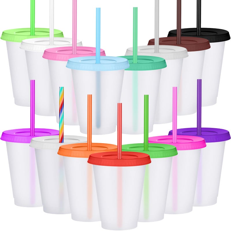 Sieral Cups with Straws and Lids Kids Tumbler with Straw Reusable Water Bottle Iced Coffee Travel Mug Adults Plastic Cups for Parties 16 ozLovely Colors15 Pack