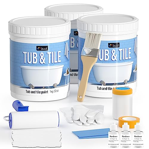 DWIL Tub Paint, Tub and Tile Refinishing Kit with Tools, Tile Refinishing Kit White Bathtub Paint Water Based &Low Odor, Easy to Use Sink for Bathroom Kitchen, Semi-Gloss White, 50-55sq.ft-3 Pack - Image 1