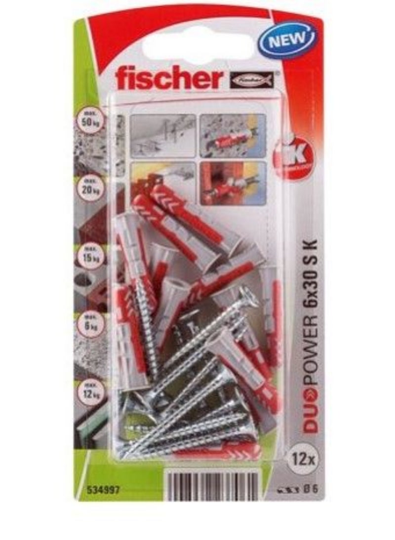 Fischer Universal Plug 6 x 30mm + Countersunk Screw 12Pcs DUOPOWER 6X30 S K NV 534997