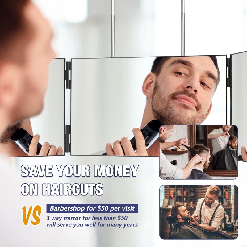 Dripex 3 Way Mirror for Men or Women, 360Â° Trifold Self Haircut Mirror with Height Adjustable Hooks, for Makeup, Styling, Shaving, Braiding, Dye Hair (Black Without Led) - Image 3
