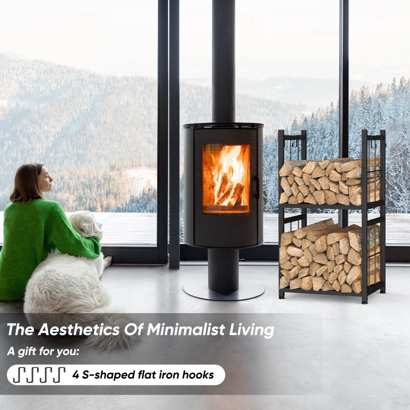 Shinoske Firewood Rack Indoor, Portable 2 Tier Firewood Rack, Sturdy and Easy to Assemble Construction, Outdoor Firewood Rack with 4 Hooks for Storing Wood Logs for Fireplaces, Fire Pits and Stoves - Black - Image 2