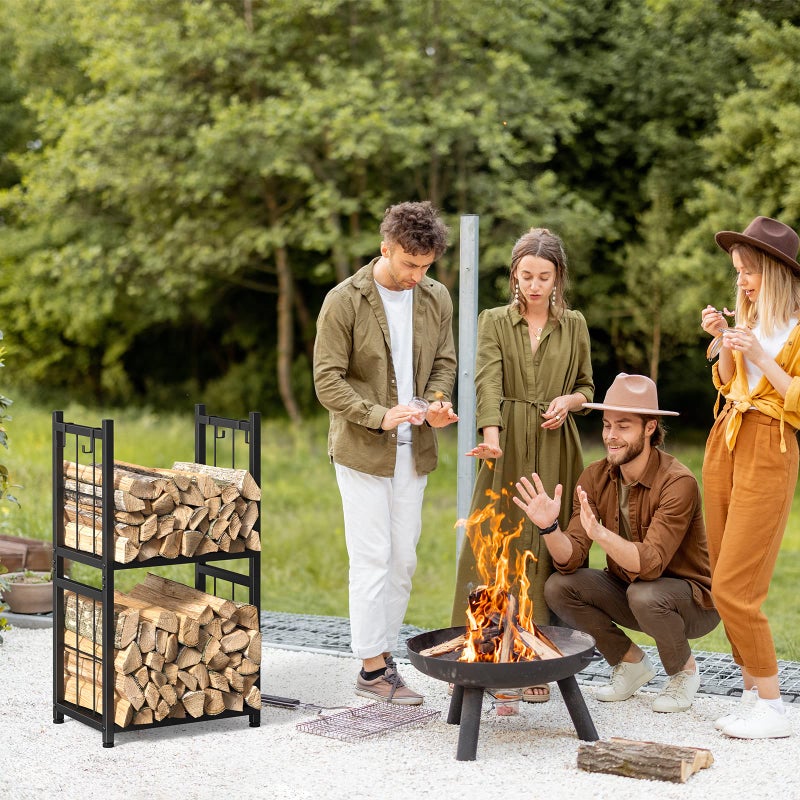 Shinoske Firewood Rack Indoor, Portable 2 Tier Firewood Rack, Sturdy and Easy to Assemble Construction, Outdoor Firewood Rack with 4 Hooks for Storing Wood Logs for Fireplaces, Fire Pits and Stoves - Black - Image 5