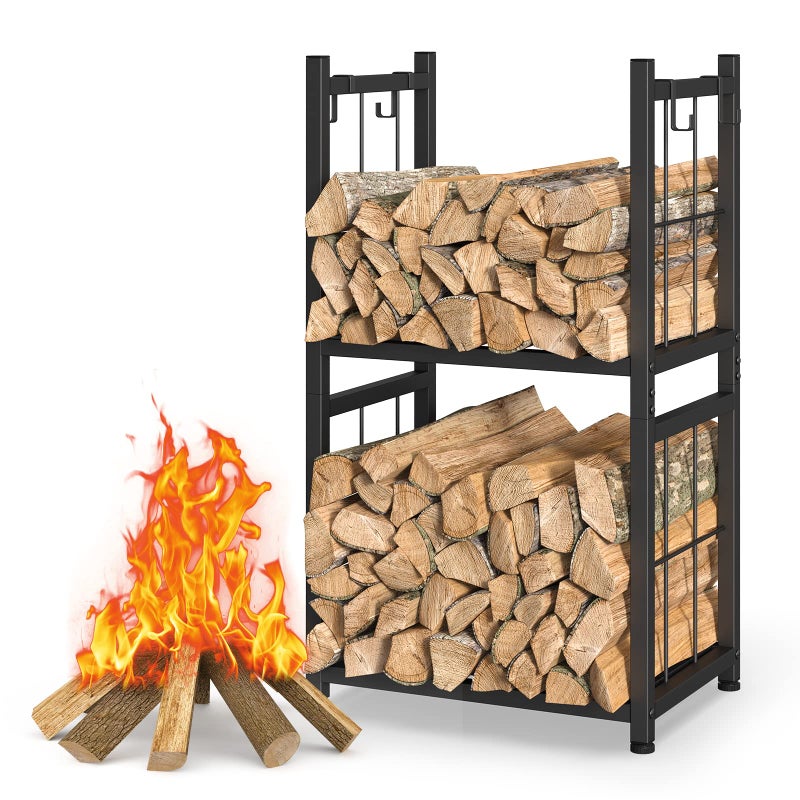 Shinoske Firewood Rack Indoor, Portable 2 Tier Firewood Rack, Sturdy and Easy to Assemble Construction, Outdoor Firewood Rack with 4 Hooks for Storing Wood Logs for Fireplaces, Fire Pits and Stoves - Black - Image 1